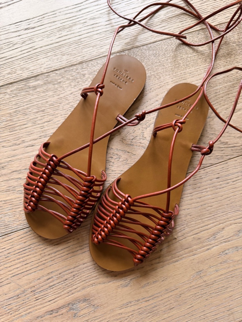 Sezane Braided Leather Lace-Up Sandals - Cognac